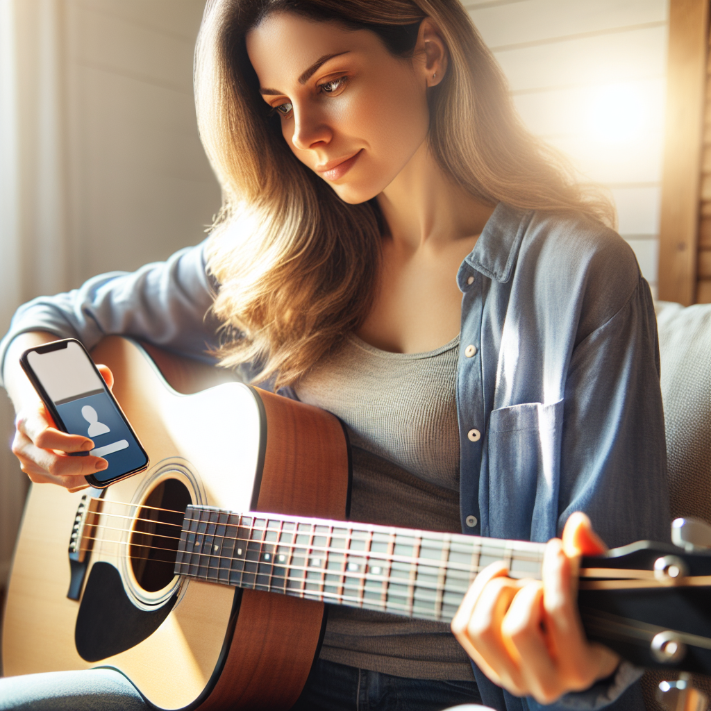 Beginner guitarist seated with an acoustic guitar, using a smartphone app for learning in a cozy home environment.