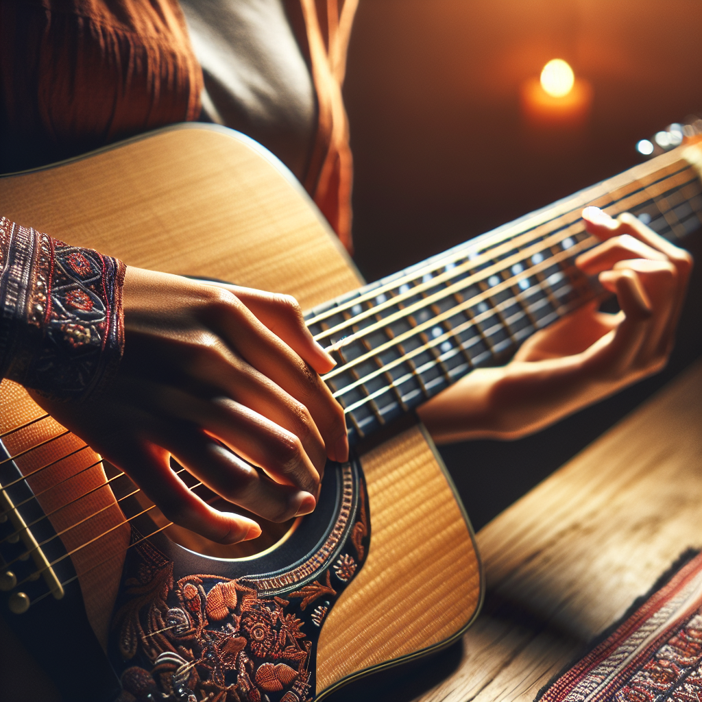 Beginner hand forming an open chord on an acoustic guitar, showing correct finger placement.
