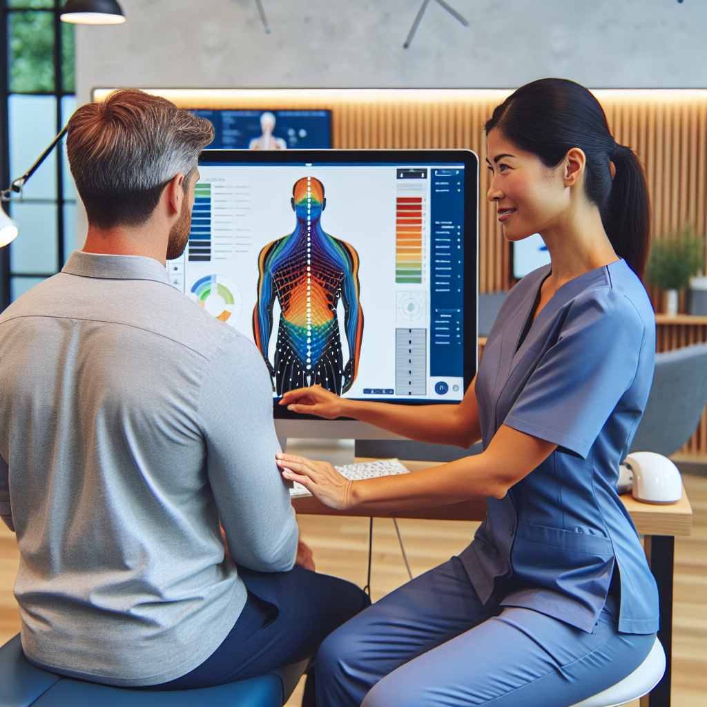 Chiropractor demonstrating digital posture analysis to a patient in a modern UK clinic