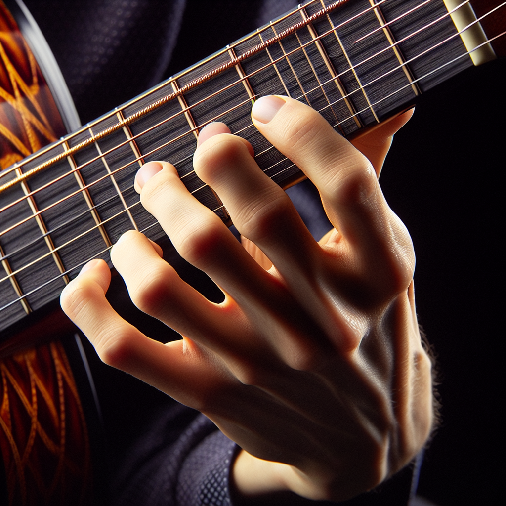 Close-up of a guitarist's hand doing a four-fret finger exercise on a guitar neck.