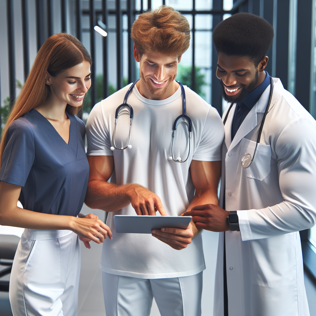 Healthcare team including chiropractor, physiotherapist, and nutritionist collaborating in a UK clinic