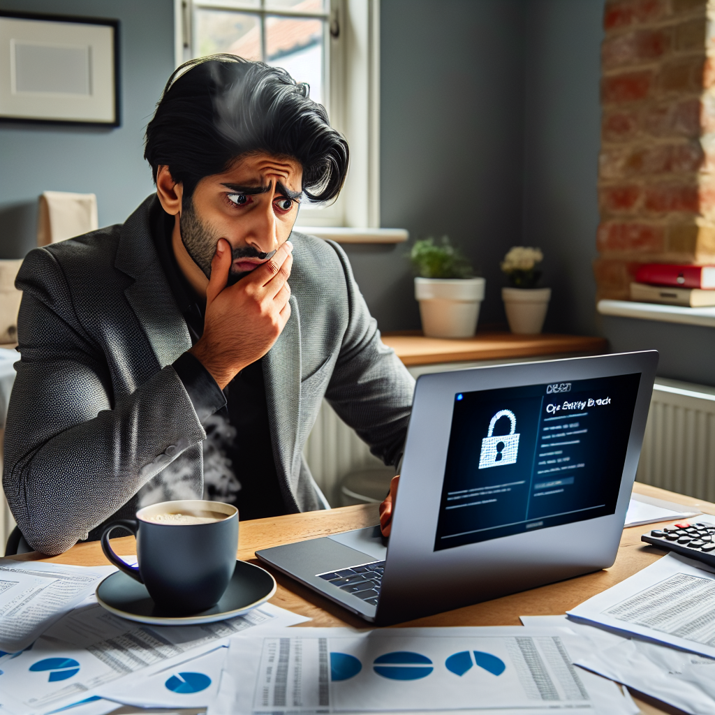 Concerned UK small business owner reacting to a cyber security breach on their laptop, illustrating data breach cost pressures in 2025.